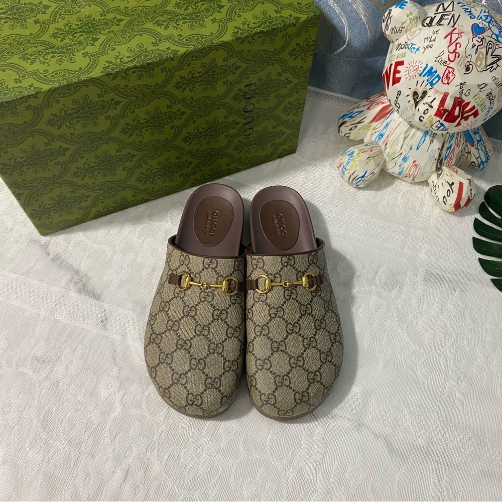 Gucci Beige Monogram Slip-On Shoes with Gold Details